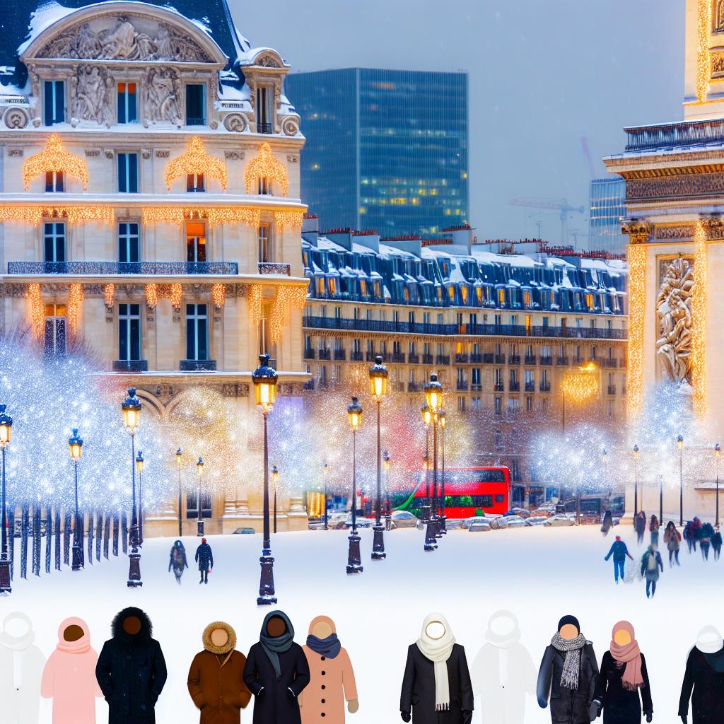 Paris in winter: holiday lights and snow